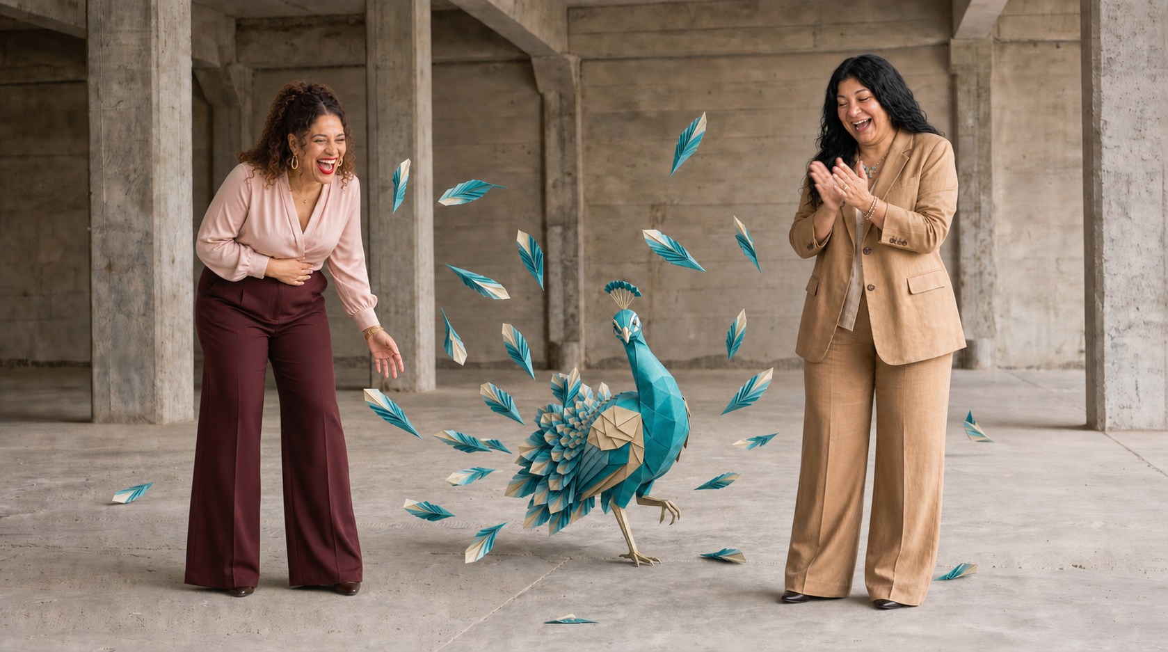Matanah founders Shelly Guy and Sofia Seitchik with an origami peacock